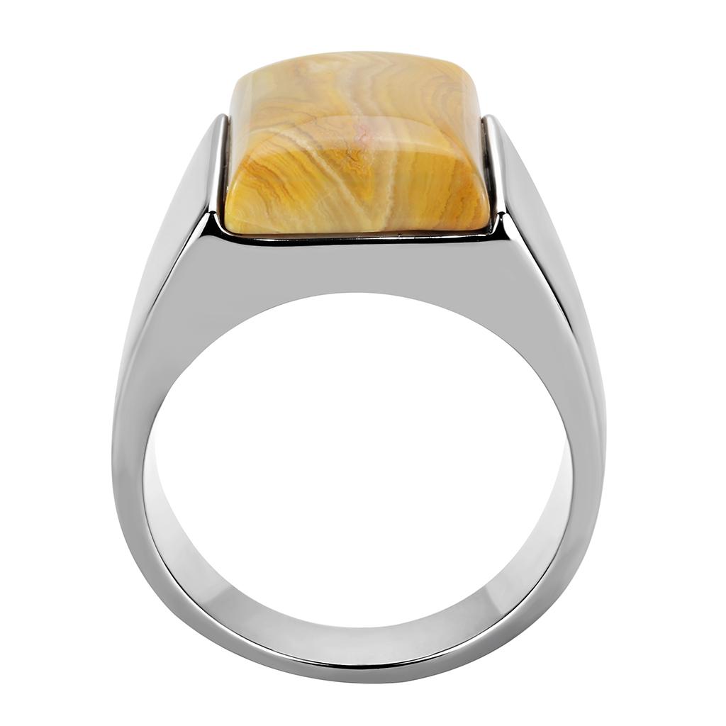 MATK947 - High polished (no plating) Stainless Steel Ring with Semi-Precious Agate in Brown