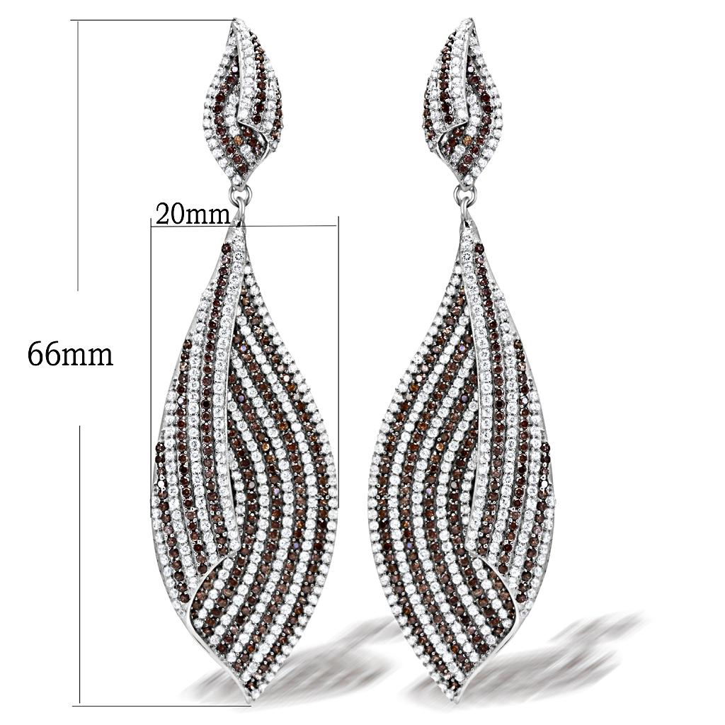 MATS033 - Rhodium 925 Sterling Silver Earrings with Assorted  in Brown