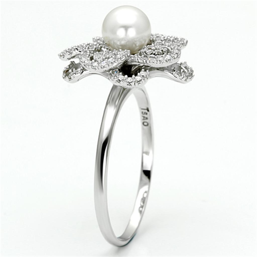 MATS070 - Rhodium 925 Sterling Silver Ring with Synthetic Pearl in White