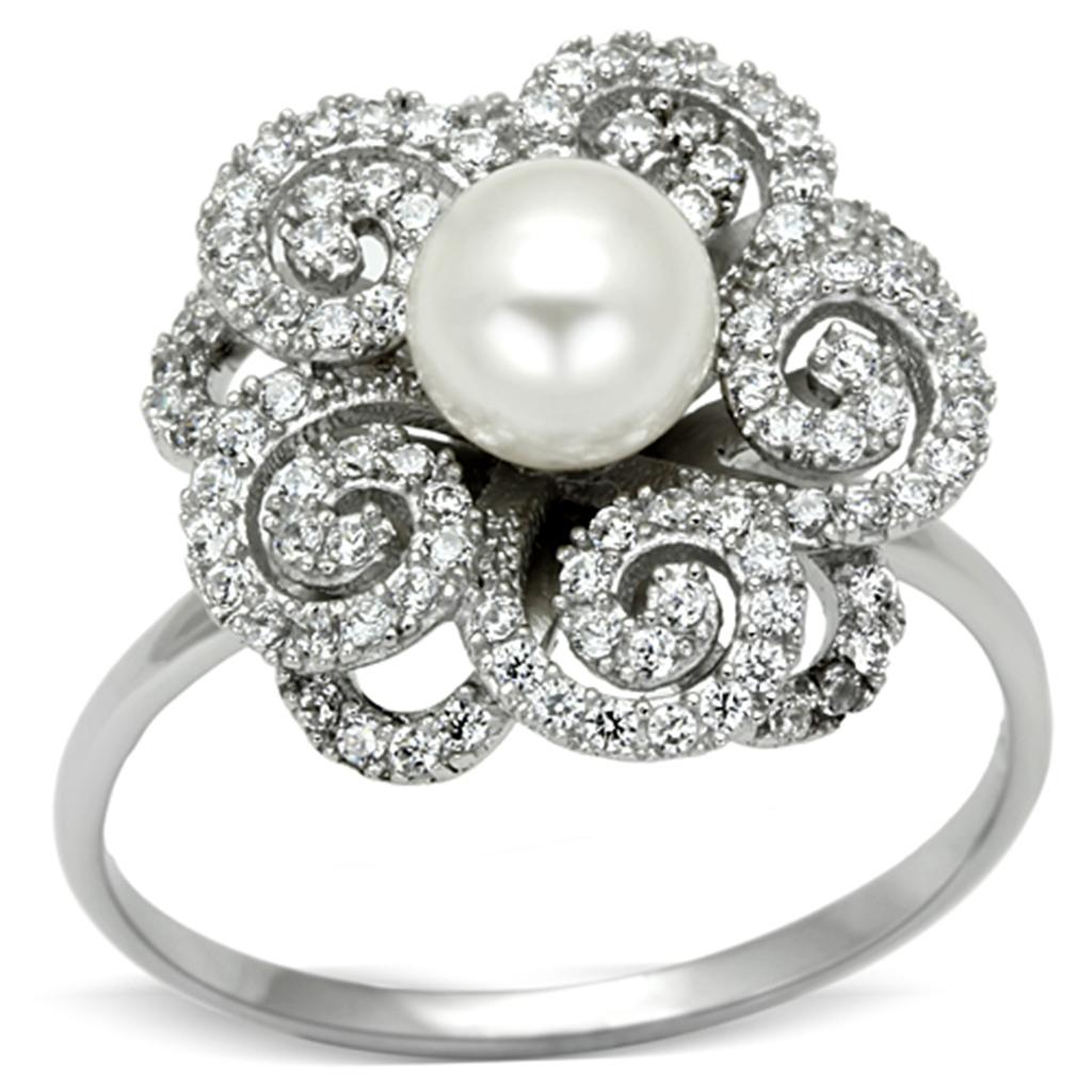 MATS070 - Rhodium 925 Sterling Silver Ring with Synthetic Pearl in White