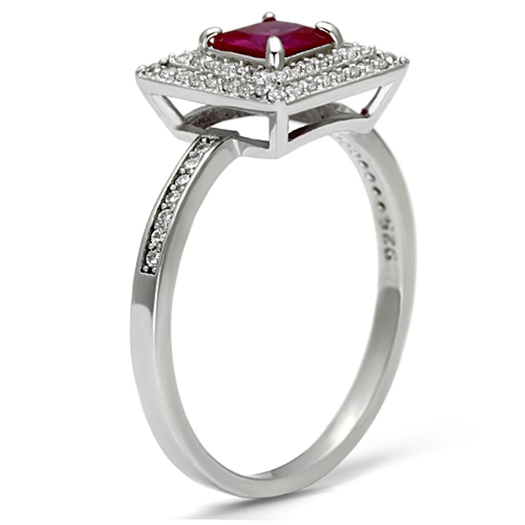 MATS102 - Rhodium 925 Sterling Silver Ring with Synthetic Corundum in Ruby