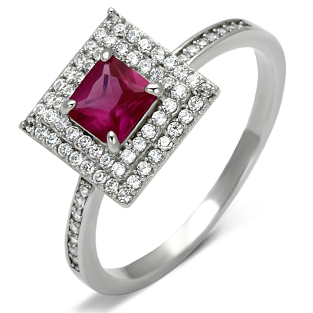 MATS102 - Rhodium 925 Sterling Silver Ring with Synthetic Corundum in Ruby
