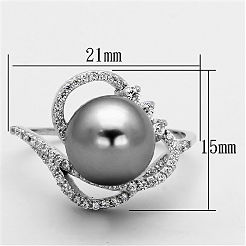 MATS153 - Rhodium 925 Sterling Silver Ring with Synthetic Pearl in Gray