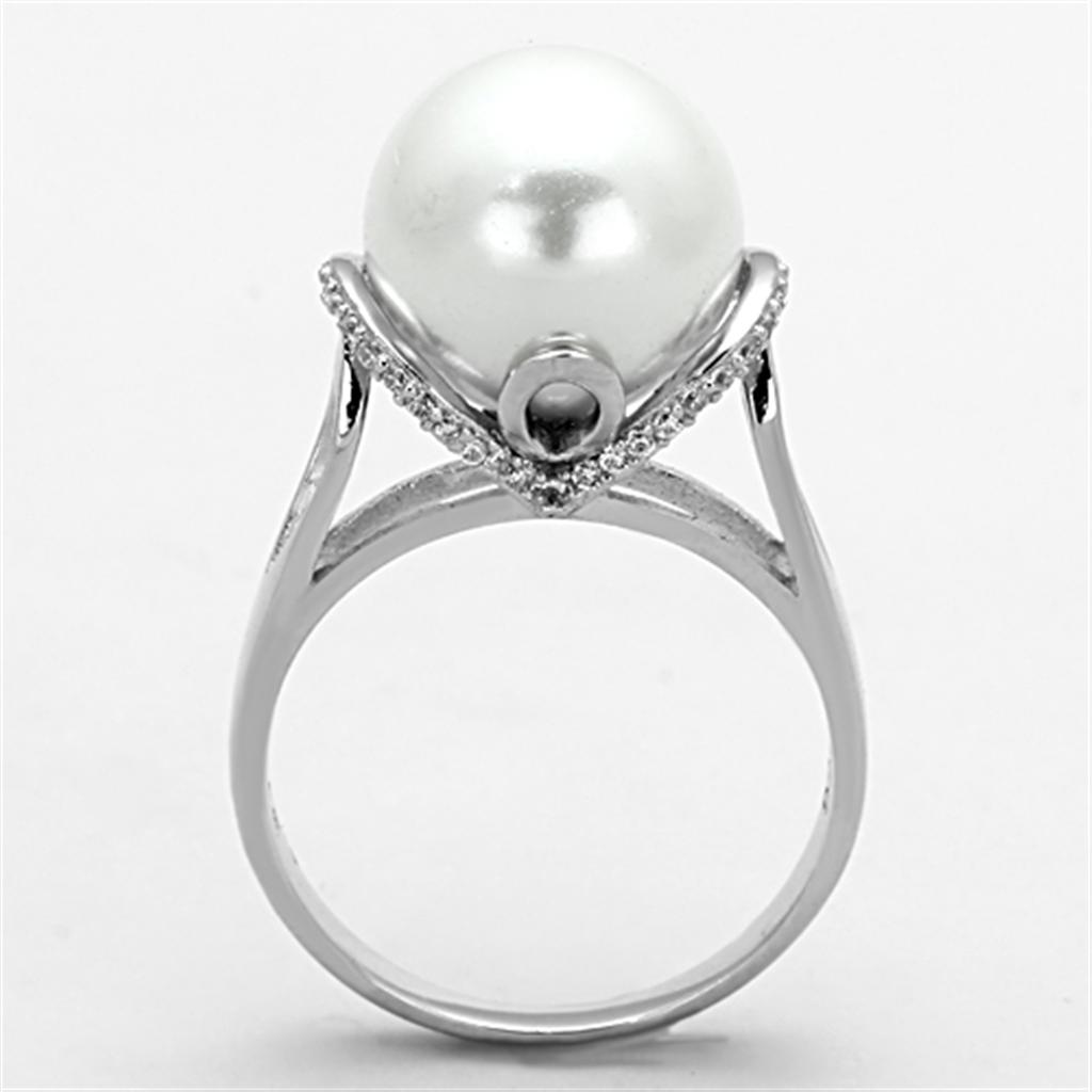 MATS154 - Rhodium 925 Sterling Silver Ring with Synthetic Pearl in White