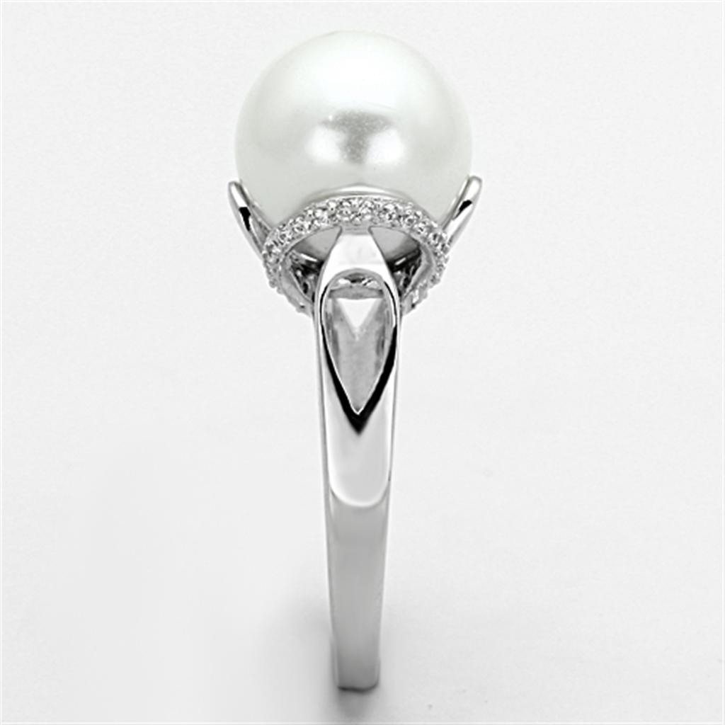 MATS154 - Rhodium 925 Sterling Silver Ring with Synthetic Pearl in White