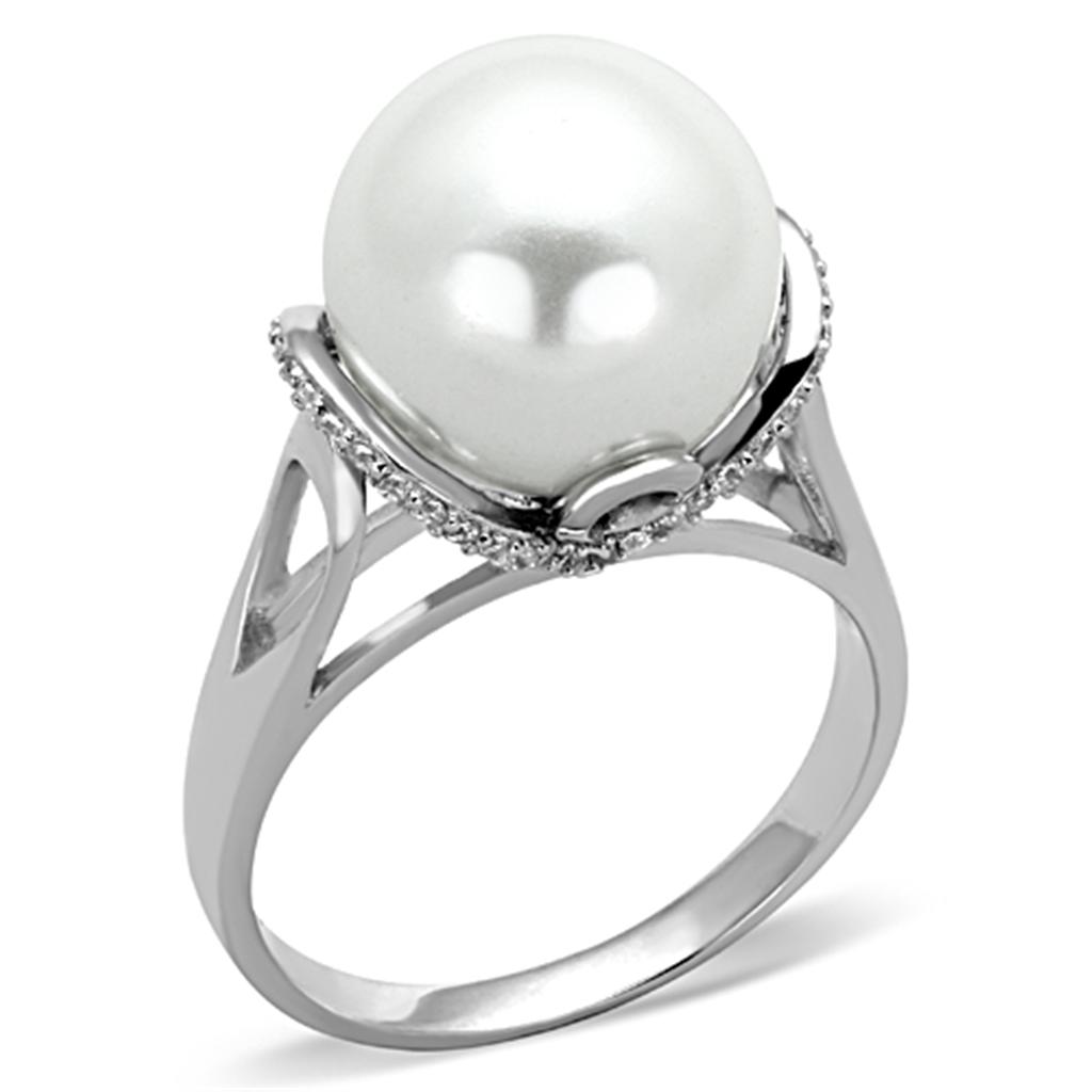 MATS154 - Rhodium 925 Sterling Silver Ring with Synthetic Pearl in White