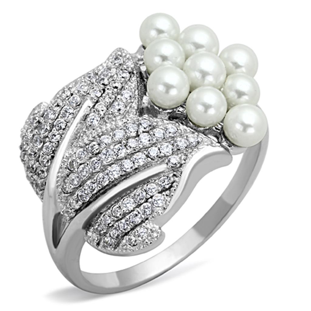 MATS167 - Rhodium 925 Sterling Silver Ring with Synthetic Pearl in White