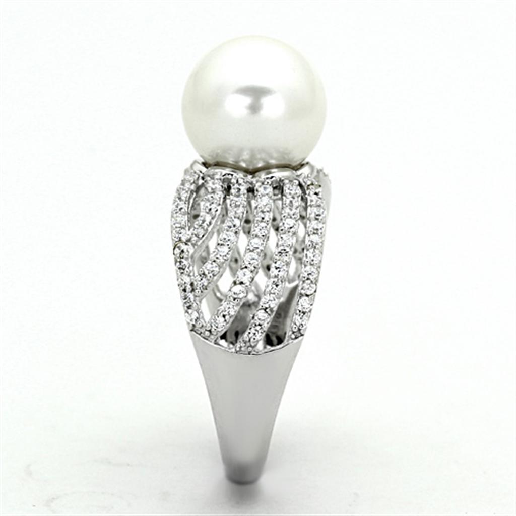 MATS169 - Rhodium 925 Sterling Silver Ring with Synthetic Pearl in White