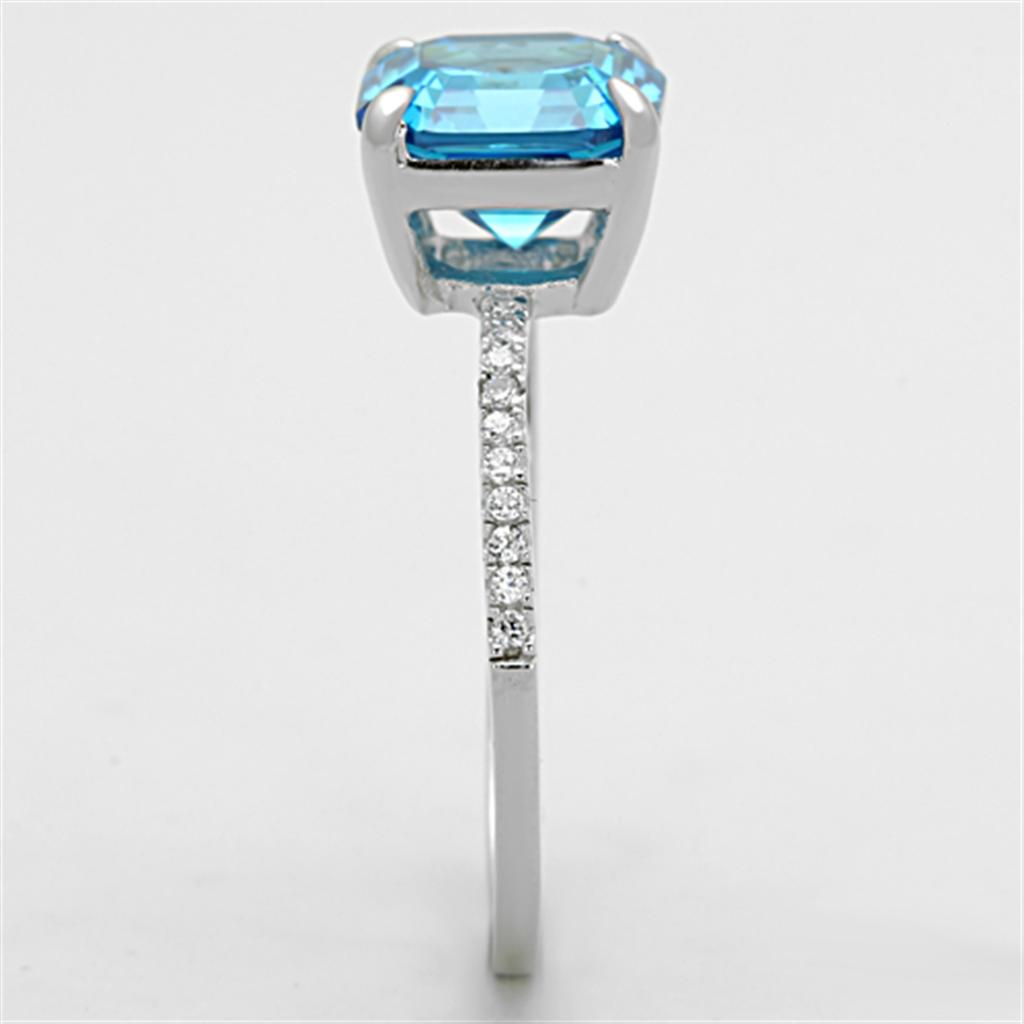 MATS178 - Rhodium 925 Sterling Silver Ring with Cubic  in Sea Blue