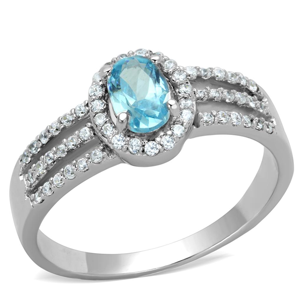 MATS184 - Rhodium 925 Sterling Silver Ring with AAA Grade CZ  in Sea Blue