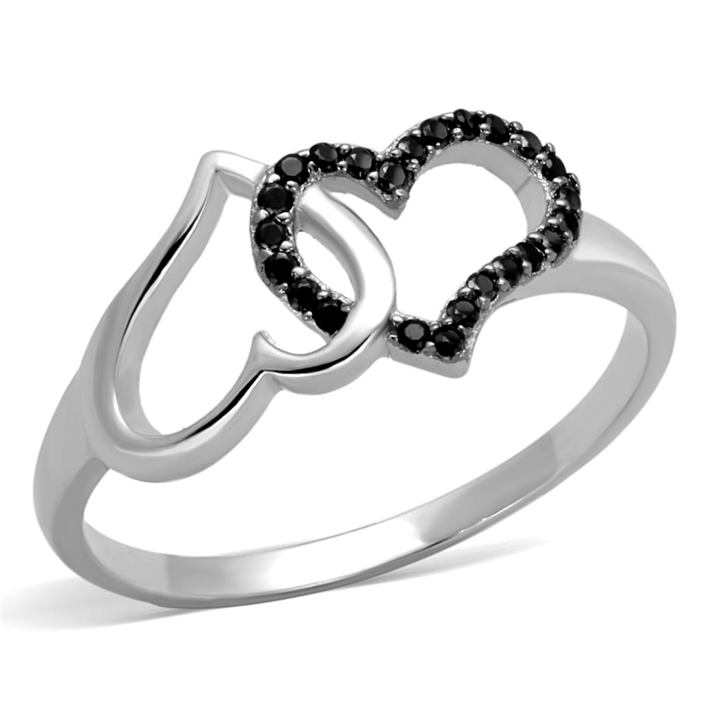 MATS316 - Rhodium + Ruthenium 925 Sterling Silver Ring with AAA Grade CZ  in Black Diamond
