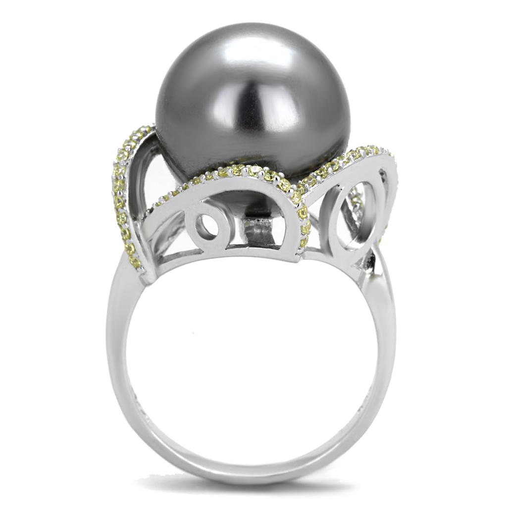 MATS318 - Rhodium 925 Sterling Silver Ring with Synthetic Pearl in Gray