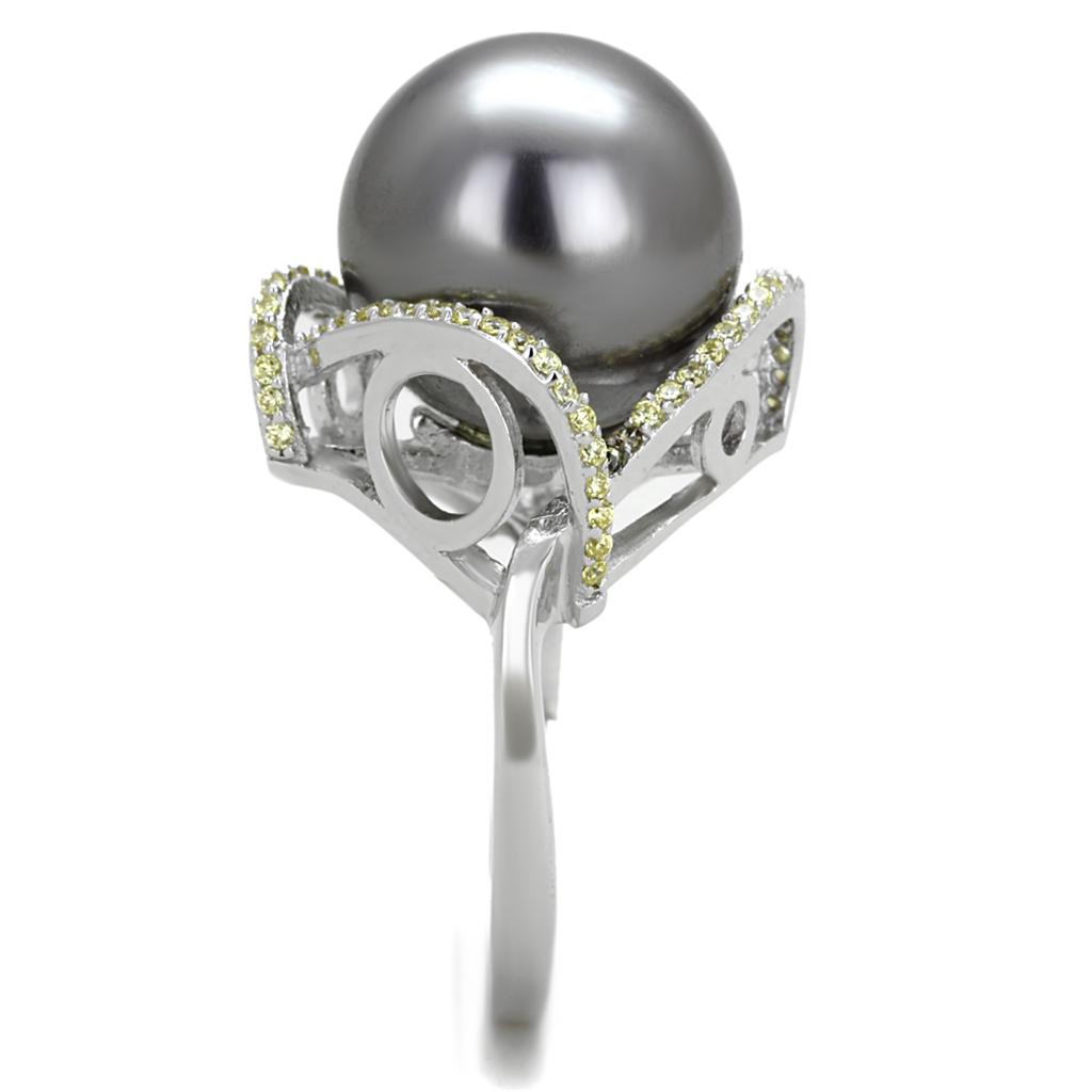 MATS318 - Rhodium 925 Sterling Silver Ring with Synthetic Pearl in Gray