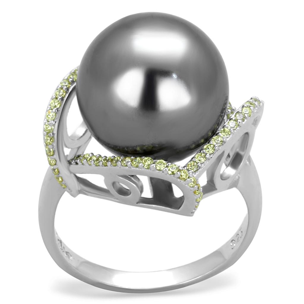MATS318 - Rhodium 925 Sterling Silver Ring with Synthetic Pearl in Gray
