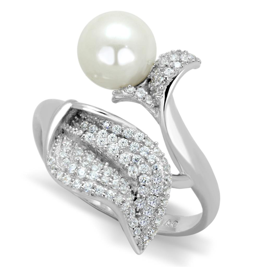 MATS329 - Rhodium 925 Sterling Silver Ring with Synthetic Pearl in White