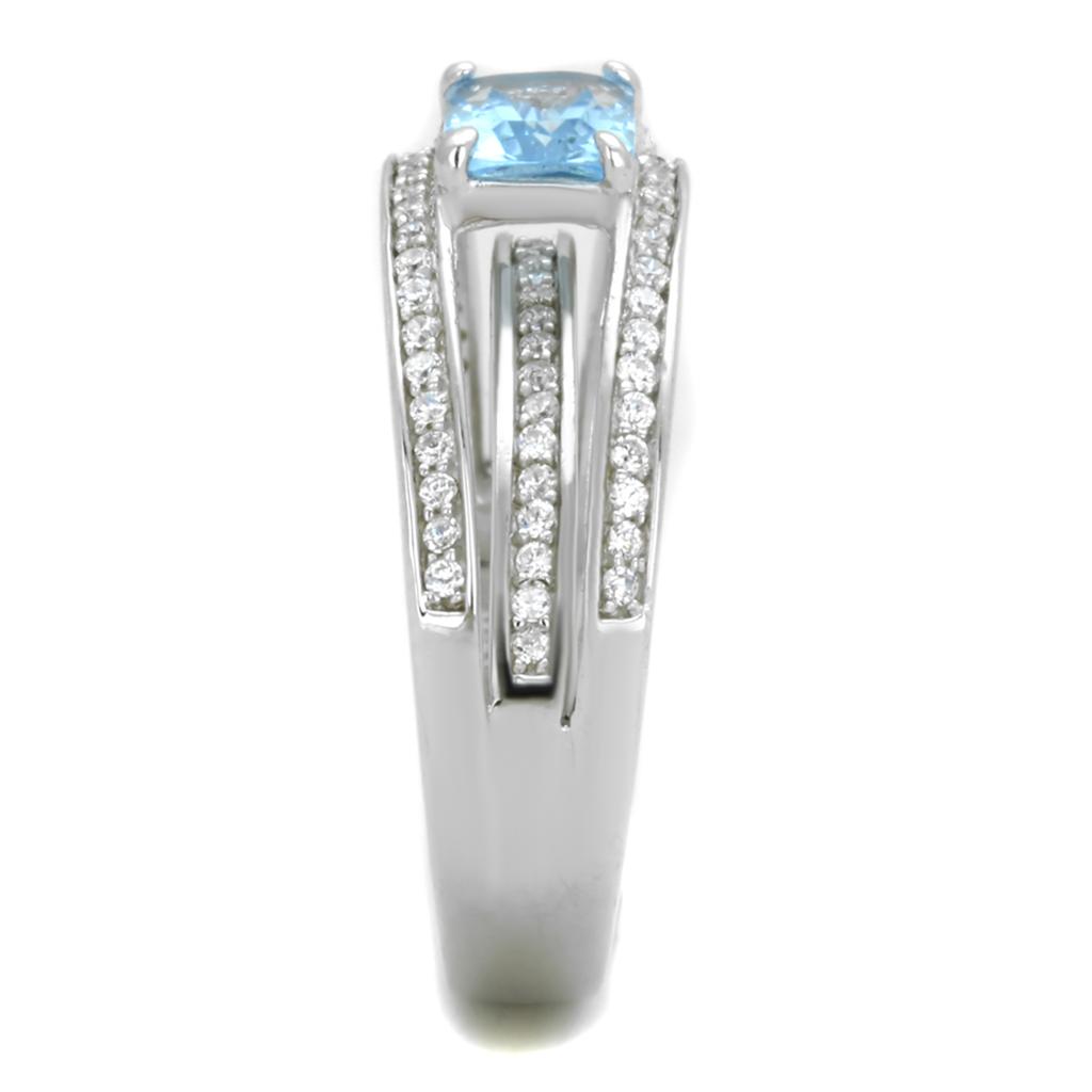 MATS344 - Rhodium 925 Sterling Silver Ring with Synthetic Synthetic Glass in Sea Blue