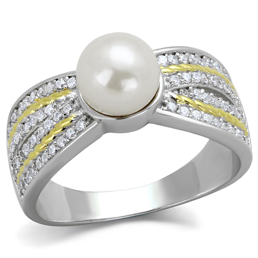 MATS377 - Reverse Two-Tone 925 Sterling Silver Ring with Synthetic Pearl in White