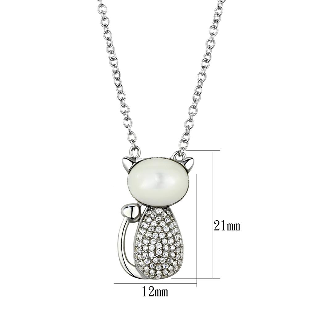 MATS410 - Rhodium 925 Sterling Silver Chain Pendant with Synthetic Synthetic Glass in Clear