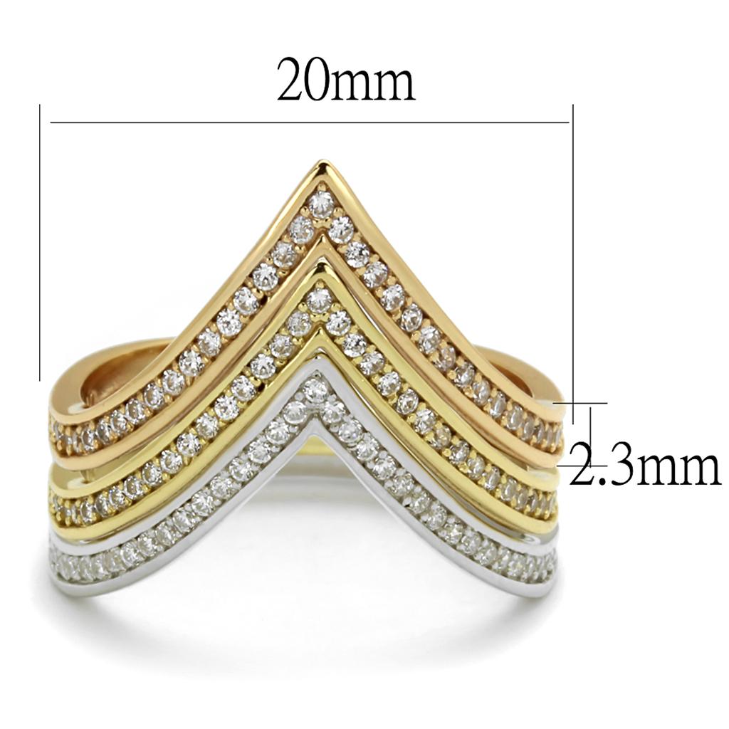 MATS416 - Rhodium + Gold + Rose Gold 925 Sterling Silver Ring with AAA Grade CZ  in Clear