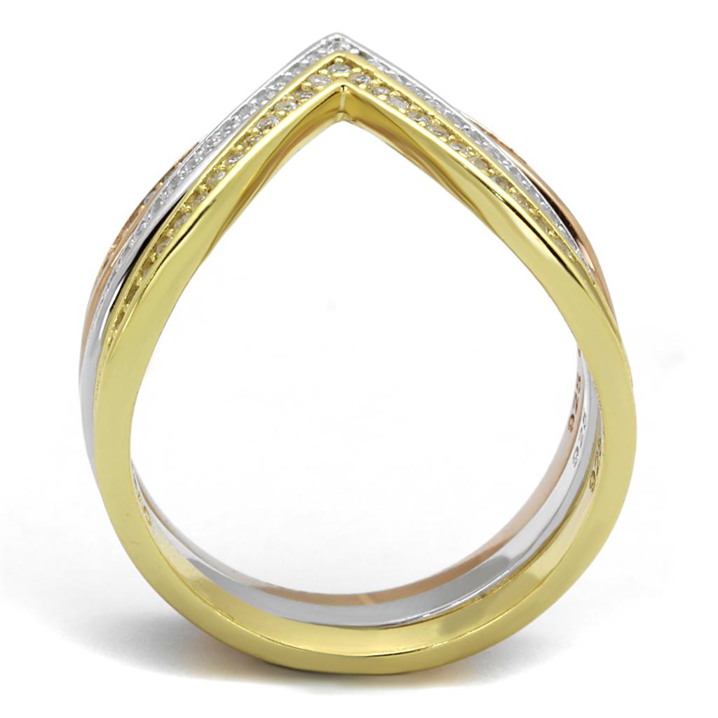 MATS416 - Rhodium + Gold + Rose Gold 925 Sterling Silver Ring with AAA Grade CZ  in Clear