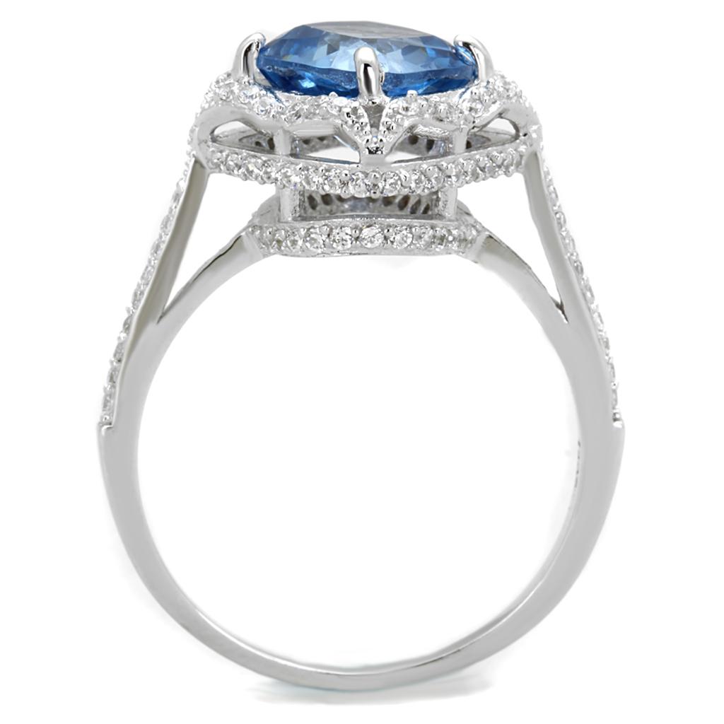 MATS419 - Rhodium 925 Sterling Silver Ring with Synthetic Spinel in Sea Blue