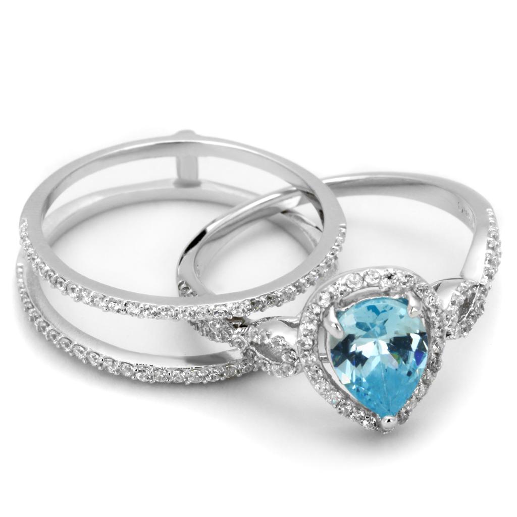 MATS453 - Rhodium 925 Sterling Silver Ring with AAA Grade CZ  in Sea Blue