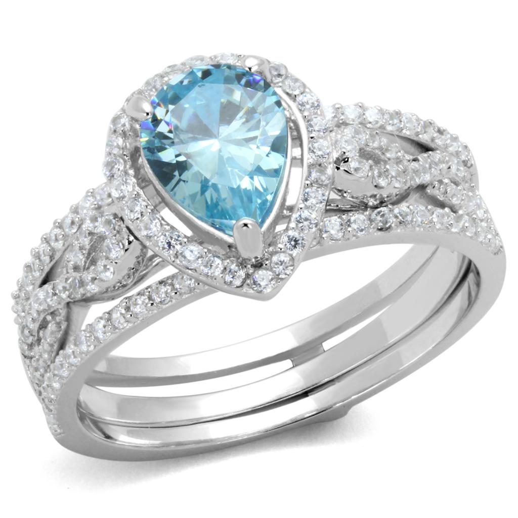 MATS453 - Rhodium 925 Sterling Silver Ring with AAA Grade CZ  in Sea Blue
