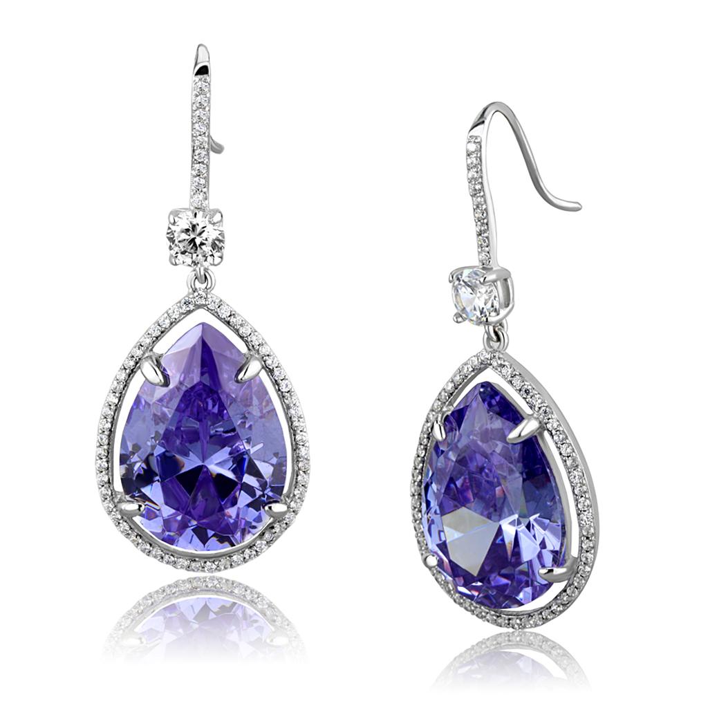 MATS477 - Rhodium 925 Sterling Silver Earrings with AAA Grade CZ  in Light Amethyst