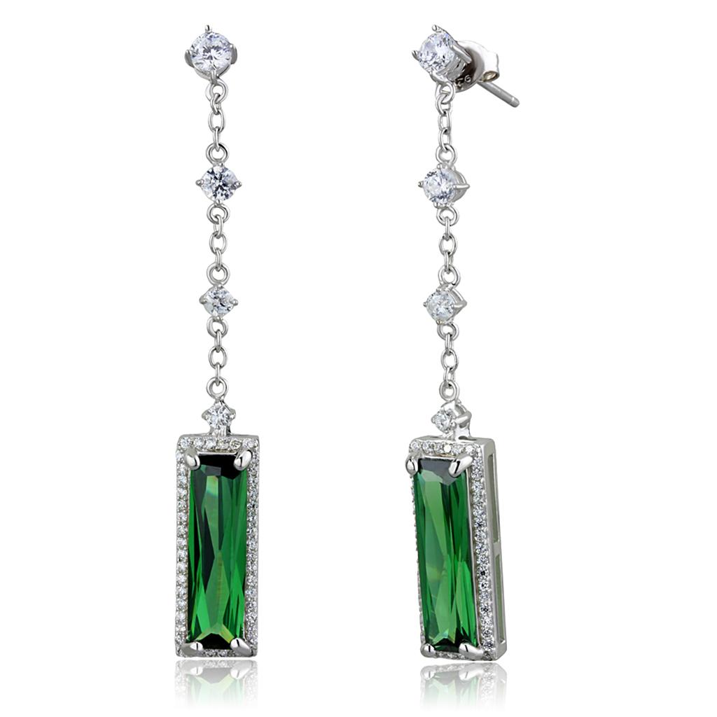 MATS478 - Rhodium 925 Sterling Silver Earrings with AAA Grade CZ  in Emerald