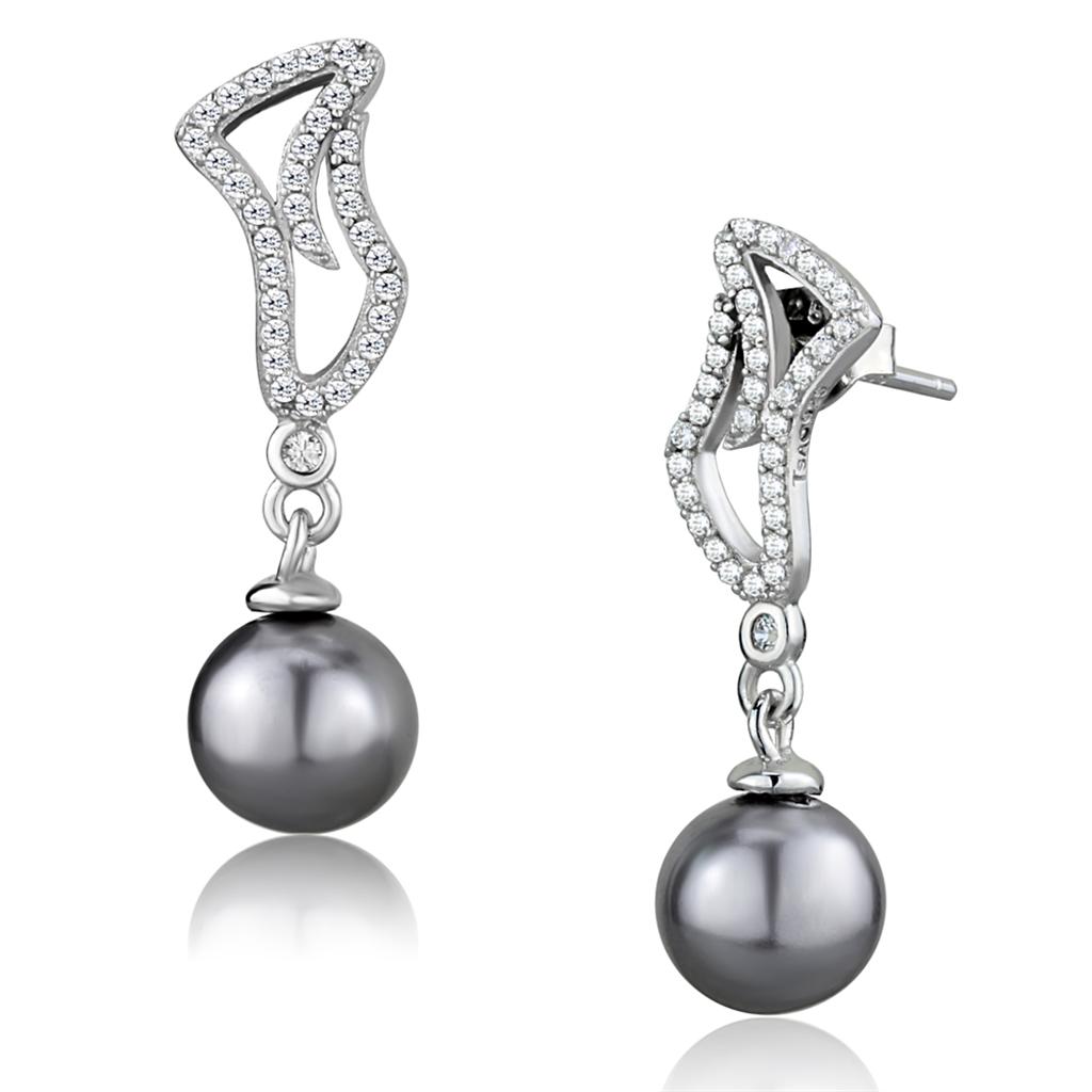 MATS479 - Rhodium 925 Sterling Silver Earrings with Synthetic Pearl in Gray