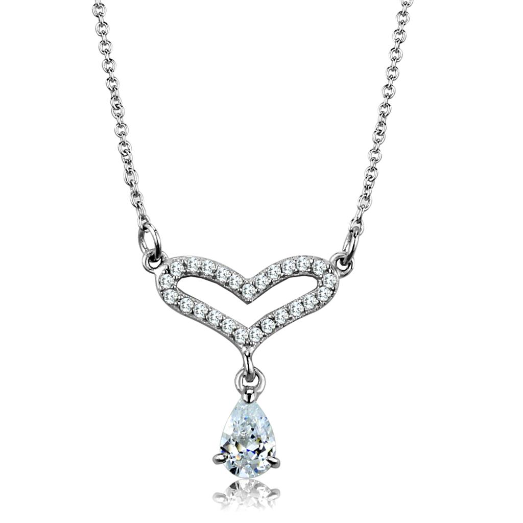 MATS484 - Rhodium 925 Sterling Silver Necklace with AAA Grade CZ  in Clear