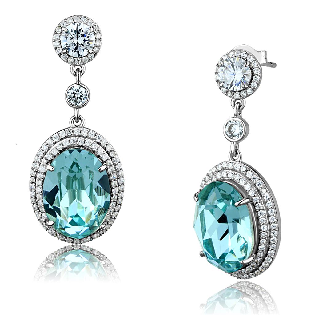 MATS508 - Rhodium 925 Sterling Silver Earrings with Top Grade Crystal  in Sea Blue