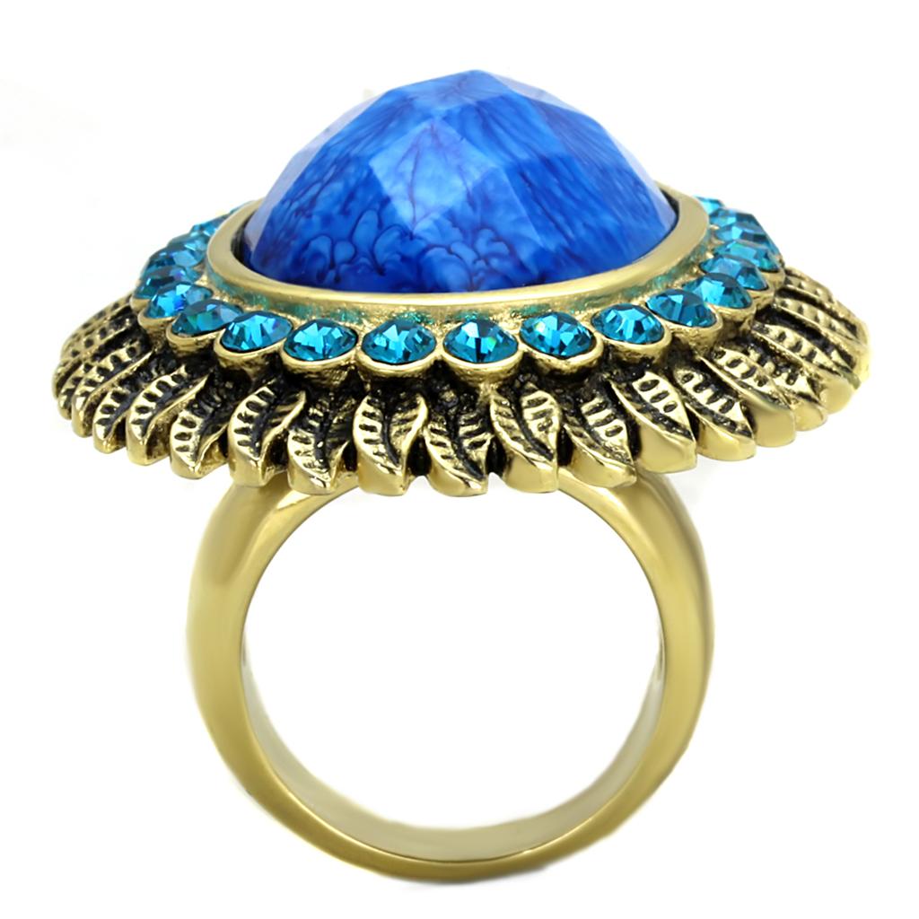 MAVL121 - IP Gold(Ion Plating) Stainless Steel Ring with Synthetic Synthetic Stone in Sea Blue