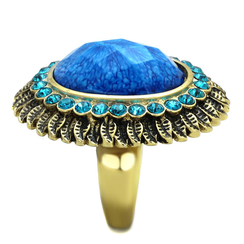 MAVL121 - IP Gold(Ion Plating) Stainless Steel Ring with Synthetic Synthetic Stone in Sea Blue