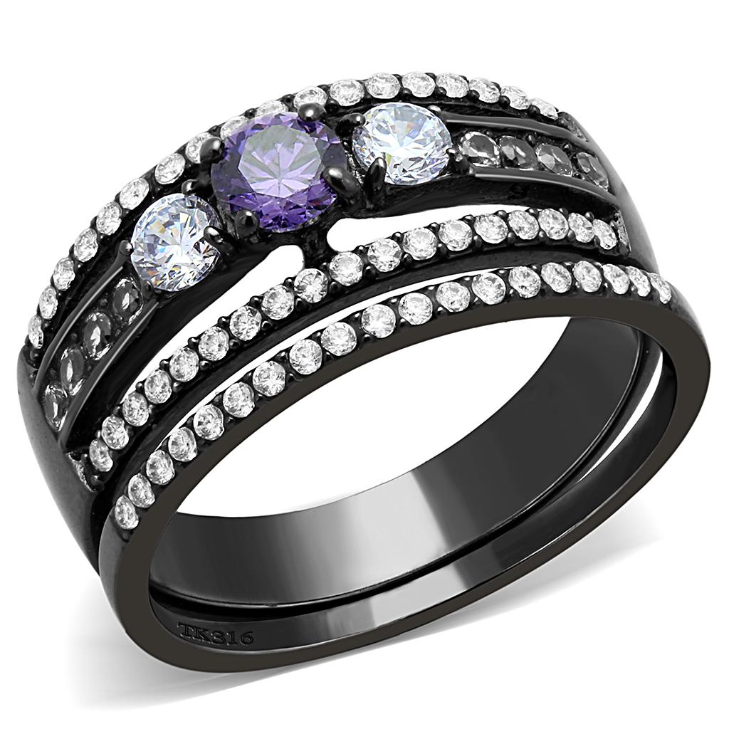 MADA001 - IP Black(Ion Plating) Stainless Steel Ring with AAA Grade CZ  in Amethyst