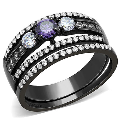 MADA001 - IP Black(Ion Plating) Stainless Steel Ring with AAA Grade CZ  in Amethyst