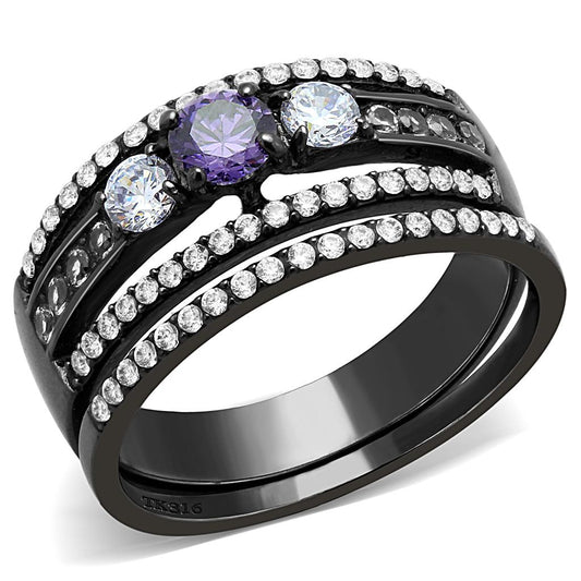 MADA001 - IP Black(Ion Plating) Stainless Steel Ring with AAA Grade CZ  in Amethyst