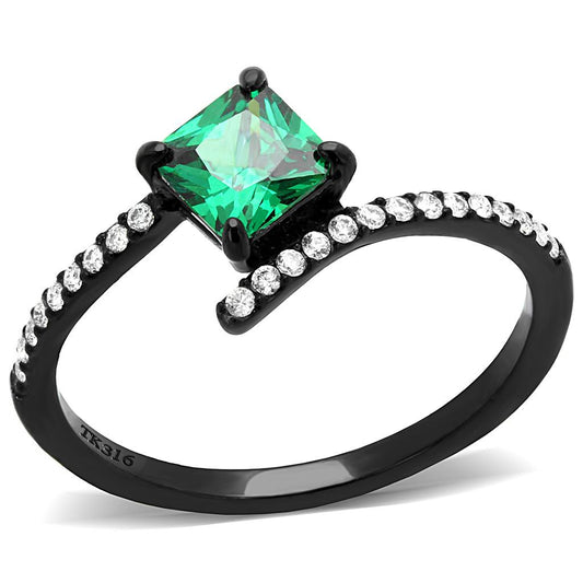 MADA017 - IP Black(Ion Plating) Stainless Steel Ring with AAA Grade CZ  in Emerald