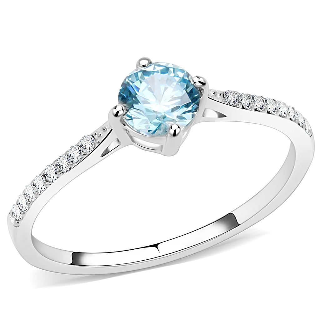 MADA019 - High polished (no plating) Stainless Steel Ring with AAA Grade CZ  in Sea Blue