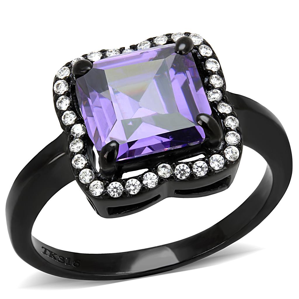 MADA028 - IP Black(Ion Plating) Stainless Steel Ring with AAA Grade CZ  in Amethyst