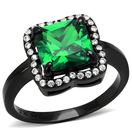 MADA029 - IP Black(Ion Plating) Stainless Steel Ring with AAA Grade CZ  in Emerald