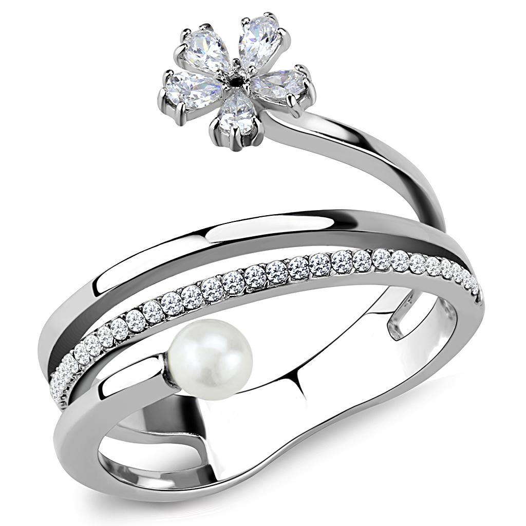MADA059 - High polished (no plating) Stainless Steel Ring with Synthetic Pearl in White