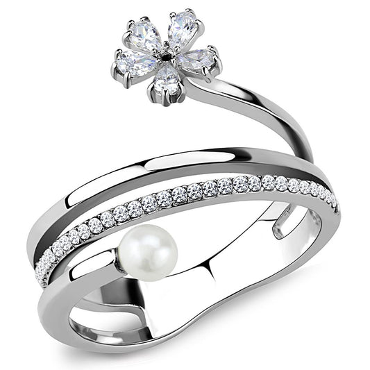 MADA059 - High polished (no plating) Stainless Steel Ring with Synthetic Pearl in White