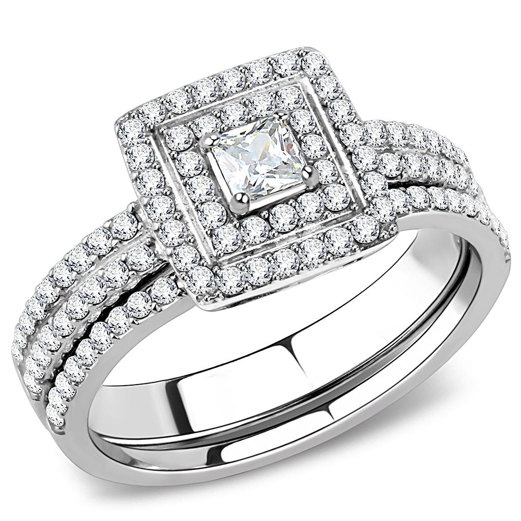 MADA064 - High polished (no plating) Stainless Steel Ring with AAA Grade CZ  in Clear