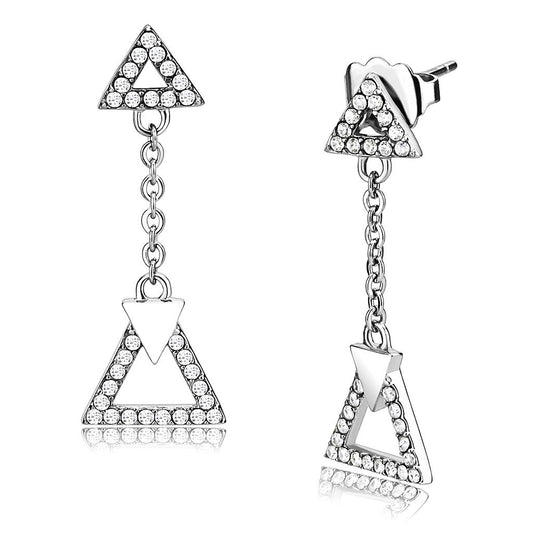 MADA068 - High polished (no plating) Stainless Steel Earrings with AAA Grade CZ  in Clear