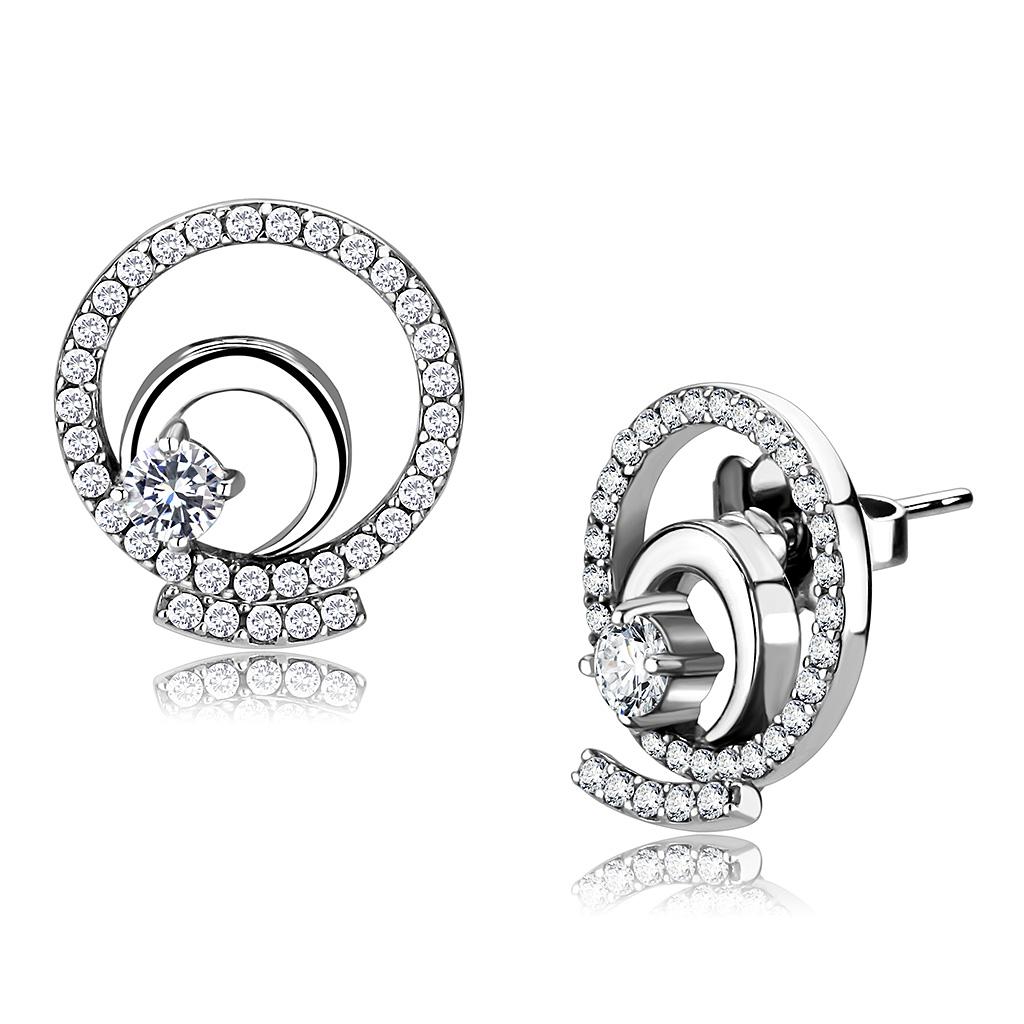 MADA069 - High polished (no plating) Stainless Steel Earrings with AAA Grade CZ  in Clear