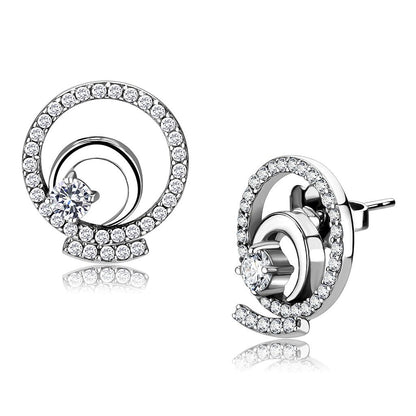 MADA069 - High polished (no plating) Stainless Steel Earrings with AAA Grade CZ  in Clear