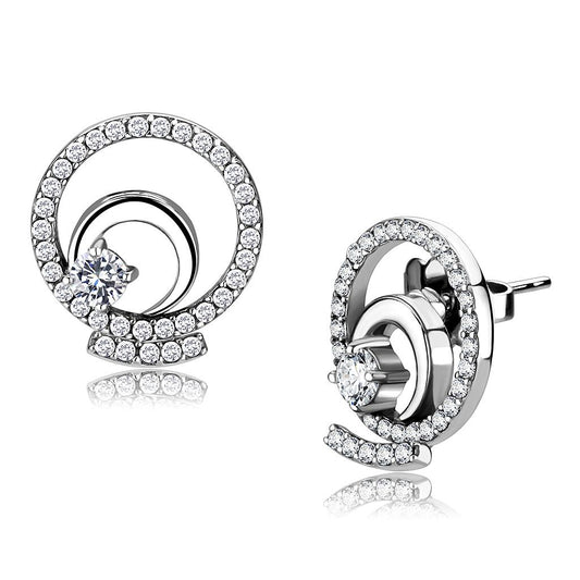 MADA069 - High polished (no plating) Stainless Steel Earrings with AAA Grade CZ  in Clear