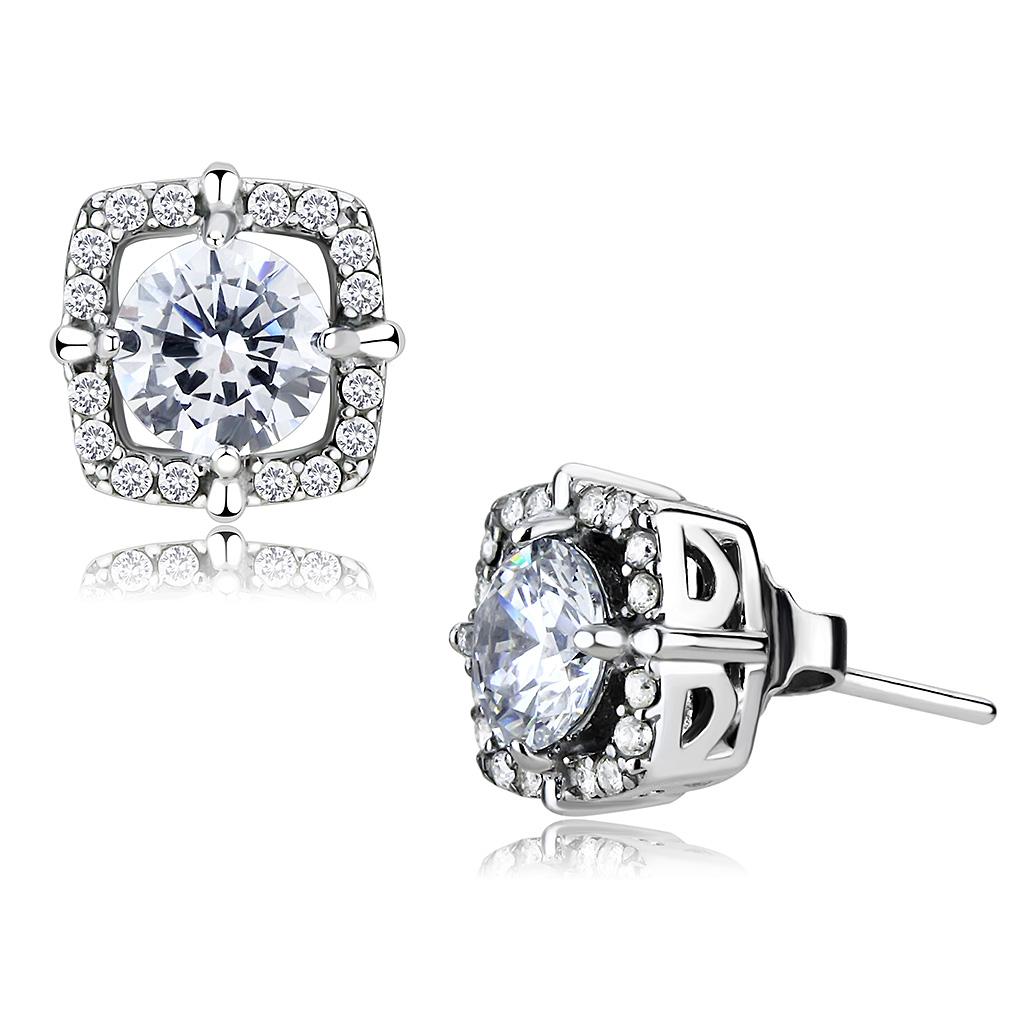 MADA070 - High polished (no plating) Stainless Steel Earrings with AAA Grade CZ  in Clear