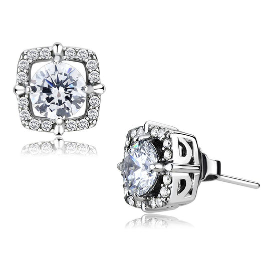 MADA070 - High polished (no plating) Stainless Steel Earrings with AAA Grade CZ  in Clear